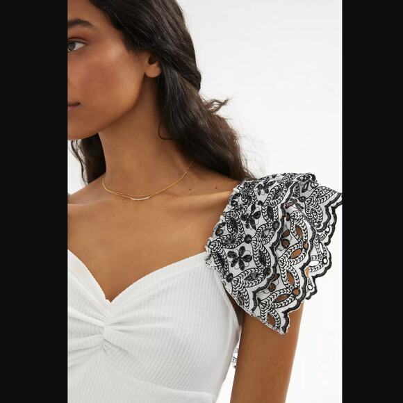 Anthropologie Ruffle-Sleeve Black & White Eyelet Top - New - 1X - Picture 4 of 7